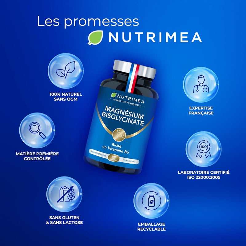 Magnésium Bisglycinate + Vitamine B6 - Sommeil, Stress, Fatigue - Absorption Maximale & Assimilation Facilitée - 90 Gélules Vegan - Nutrimea - Fabriqué en France