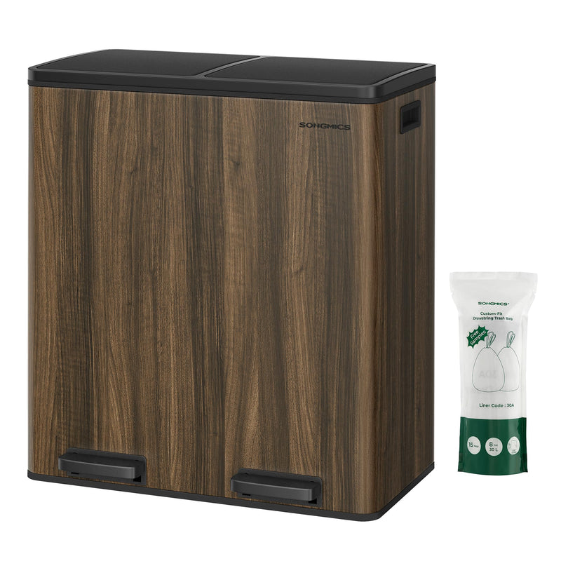 SONGMICS Poubelle à Double Compartiment 2 x 30L, avec 15 Sacs Poubelles, Pédales en Métal, 2 Seaux Intérieurs en Plastique, Couvercles, Poignées, Fermeture en Douceur, Argent et Noir LTB60NL