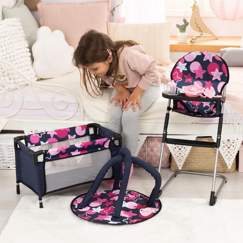 Bayer Design 61769AB 9-in-1 Set for Dolls with High Chair, Bag, Plate with Cutlery and Tumbler, Play Mat, Travel Bed, Doll Accessories, Blue Pink Stars