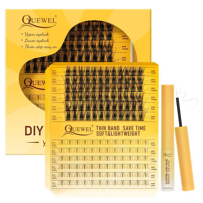Individual-Lashes 144 Cluster-Lashes QUEWEL DIY Eyelash-Extensions-Kit, Clusters Eyelash Applicator, Cluster Lashes Bond and Seal Super Hold, Clusters Lash Glue Remover Easy to Remove(QU-RR-DH-01)