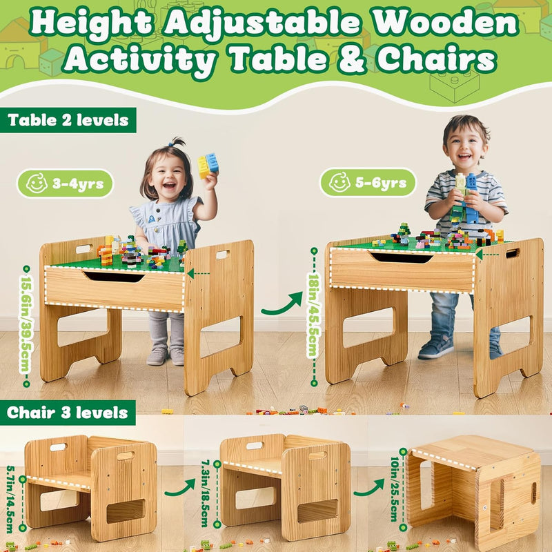 FUNLIO 2-in-1 Activity Table and 2 Chairs Solid Wood for Children 3+, Height Adjustable Game Table with 450 Blocks and Storage, Table and Chairs for Playing/Learning, CPC and CE Certified