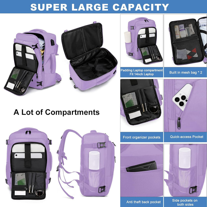 Luggage Cabin Backpack Travel Cabin Airplane Under Seat Hand Luggage Small Travel Bag, Light Purple, Vacation