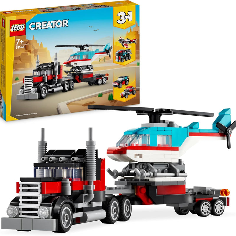 LEGO Creator 3-en-1 Le Camion Remorque avec Hélicoptère, Set de Véhicules avec Jouet d'Hélicoptère et Camion, Avion et Camion-Citerne, Hot Rod et VUS, Cadeau pour Garçons et Filles Dès 7 Ans 31146