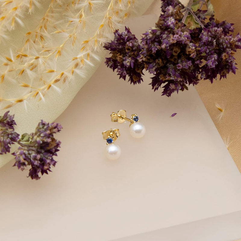 CARISSIMA- Boucles d'Oreilles Or Jaune 9k 2mm Oxyde de Zirconium Perle 6mm Femme