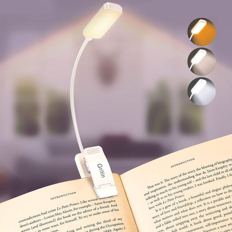 Gritin Lampe de Lecture Rechargeable, 9 LED Liseuse Lampe Clip, Gradation Progressive & 3 Modes Protection des Yeux (Blanc Froid&Chaud), 360° Cou Flexible, Indicateur, Longue Travail pour Lire au Lit