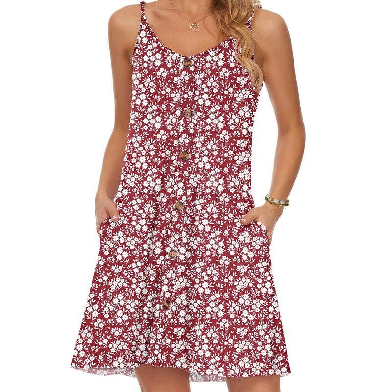 WNEEDU Robe D'été Femme Bretelles Spaghetti de Plage Robes Décontractée Courte Col en V avec Poches