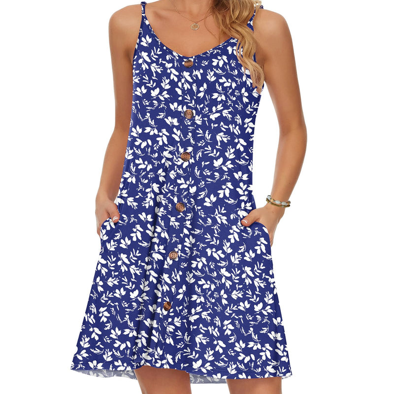 WNEEDU Robe D'été Femme Bretelles Spaghetti de Plage Robes Décontractée Courte Col en V avec Poches