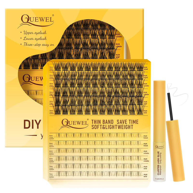 Individual-Lashes 144 Cluster-Lashes QUEWEL DIY Eyelash-Extensions-Kit, Clusters Eyelash Applicator, Cluster Lashes Bond and Seal Super Hold, Clusters Lash Glue Remover Easy to Remove(QU-RR-DH-01)