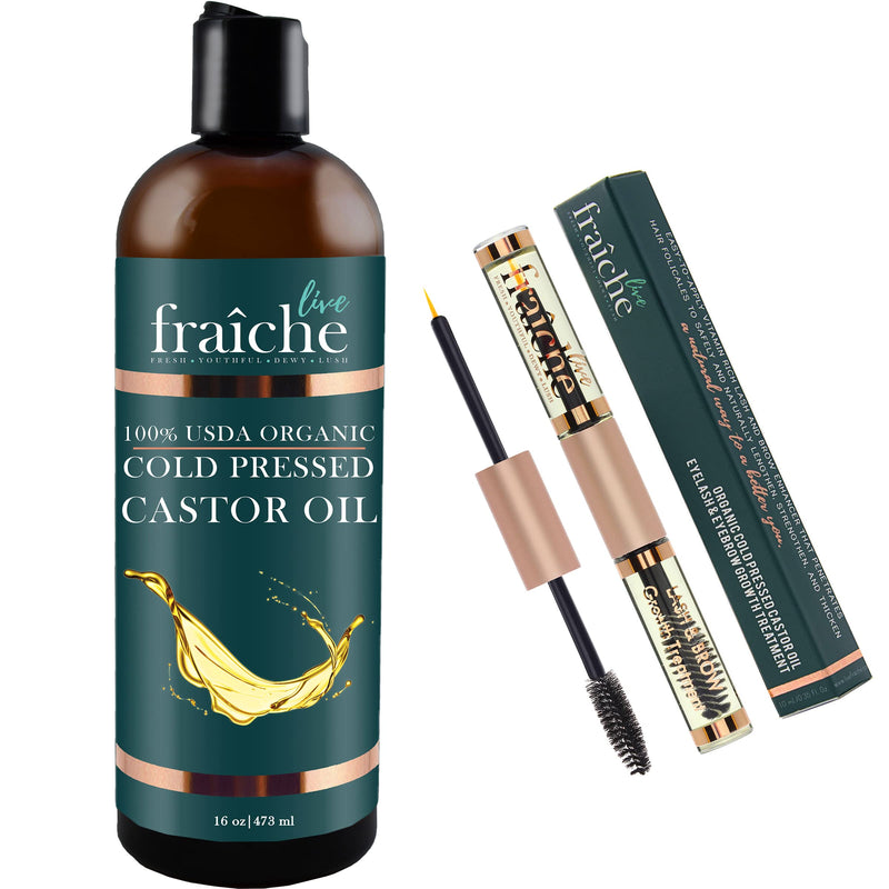 Organic Castor Oil Lash Serum for Hair Growth, 100% Pure Eyebrow Eyelash Growth Serum, Cold Pressed Hexane Free (2oz Glass Bottle + FILLED Mascara Tube)