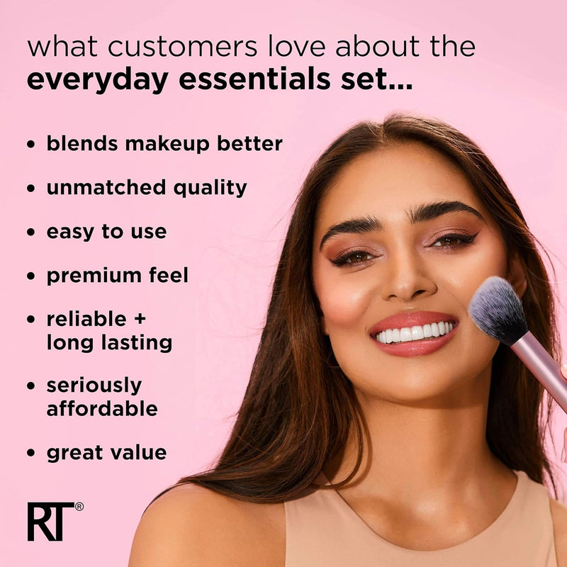 REAL TECHNIQUES,5 Count (Pack of 1) Everyday Essentials Makeup Brush Complete Face Set (Miracle Complexion Sponge, Expert Face, Blush, Setting and Deluxe Crease Brushes)