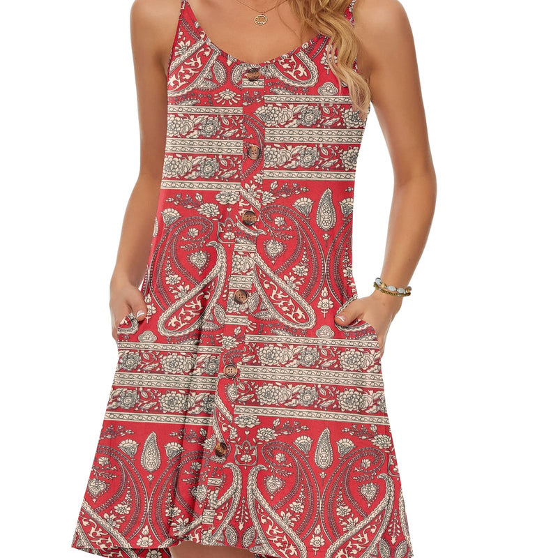 WNEEDU Robe D'été Femme Bretelles Spaghetti de Plage Robes Décontractée Courte Col en V avec Poches