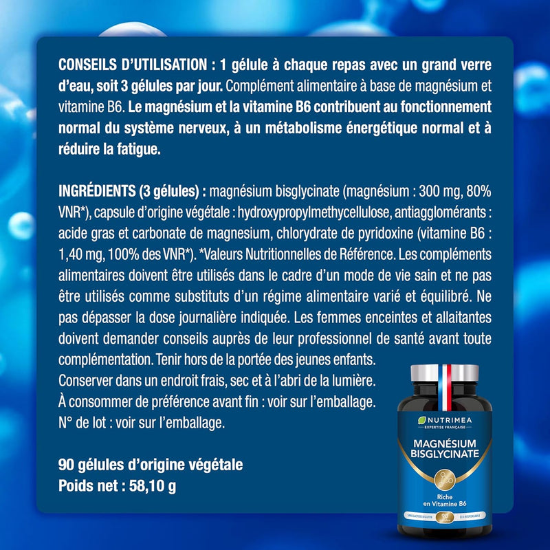 Magnésium Bisglycinate + Vitamine B6 - Sommeil, Stress, Fatigue - Absorption Maximale & Assimilation Facilitée - 90 Gélules Vegan - Nutrimea - Fabriqué en France
