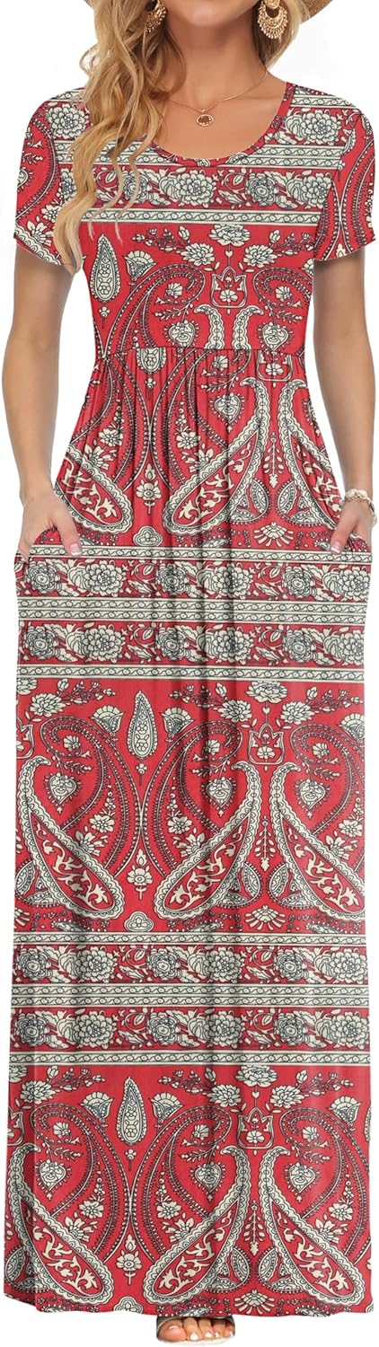 AUSELILY Femmes Maxi Robe Madame Manches Courtes été Casual Longue Robe avec Poches