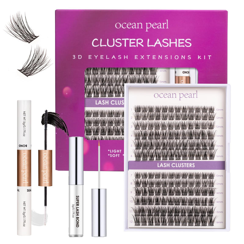 Ocean Pearl Cluster Lashes 144PCS Eyelashes 10-16mm Lash Clusters Fluffy Eyelash Extension Cluster Lashes Kit Individual Eyelash Lash Extensions Kit with Super Bond+Seal+Remover+Tweezer-DM01