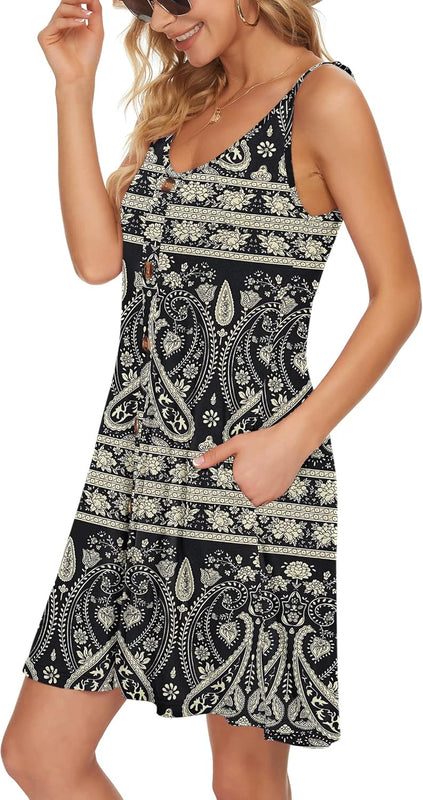WNEEDU Robe D'été Femme Bretelles Spaghetti de Plage Robes Décontractée Courte Col en V avec Poches