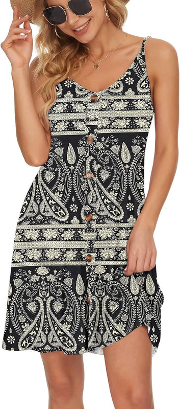 WNEEDU Robe D'été Femme Bretelles Spaghetti de Plage Robes Décontractée Courte Col en V avec Poches