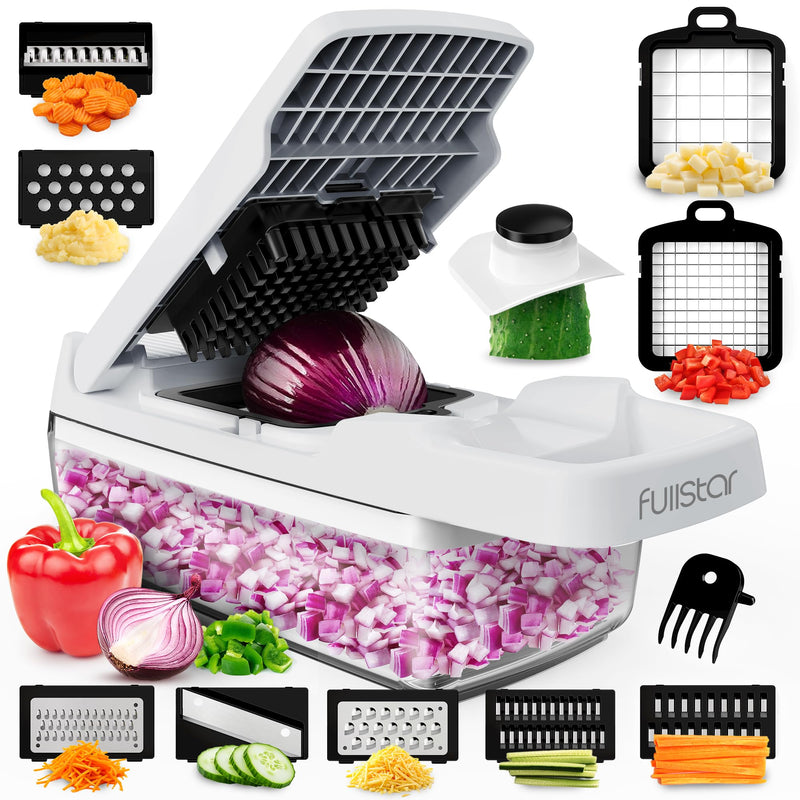 Multifunctional Vegetable Slicer and Professional Kitchen Mandolin Slicer - Vegetable Slicer - Cubes Onion Carrot, Cucumber, Tomatoes - Vegetable and Cheese Grater (Compact 6-in-1 White)