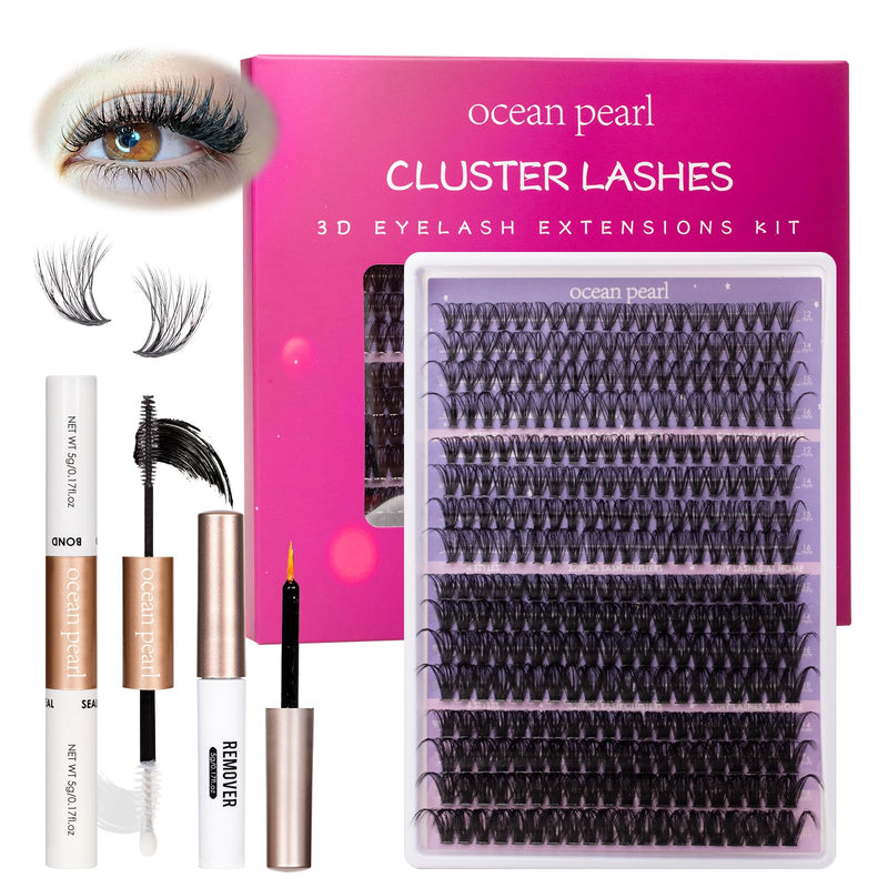 Ocean Pearl Cluster Lashes 144PCS Eyelashes 10-16mm Lash Clusters Fluffy Eyelash Extension Cluster Lashes Kit Individual Eyelash Lash Extensions Kit with Super Bond+Seal+Remover+Tweezer-DM01