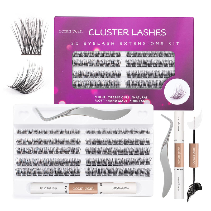 Ocean Pearl Cluster Lashes 144PCS Eyelashes 10-16mm Lash Clusters Fluffy Eyelash Extension Cluster Lashes Kit Individual Eyelash Lash Extensions Kit with Super Bond+Seal+Remover+Tweezer-DM01