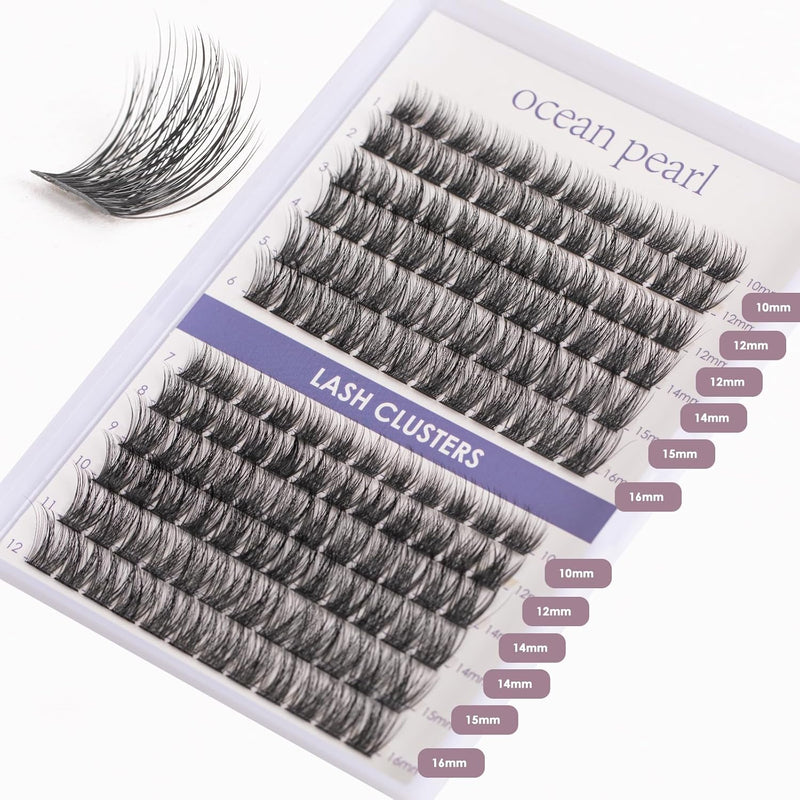 Ocean Pearl Cluster Lashes 144PCS Eyelashes 10-16mm Lash Clusters Fluffy Eyelash Extension Cluster Lashes Kit Individual Eyelash Lash Extensions Kit with Super Bond+Seal+Remover+Tweezer-DM01