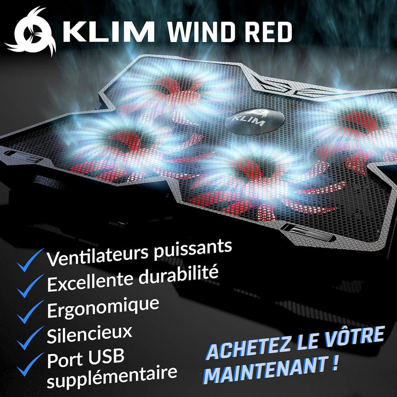 KLIM Wind Refroidisseur PC Portable - Plus de 500 000 unités vendues - Nouveauté - Le Plus Puissant - 4 Ventilateurs Silencieux - Ventilateur PC Portable - Laptop Mac PS5, PS4