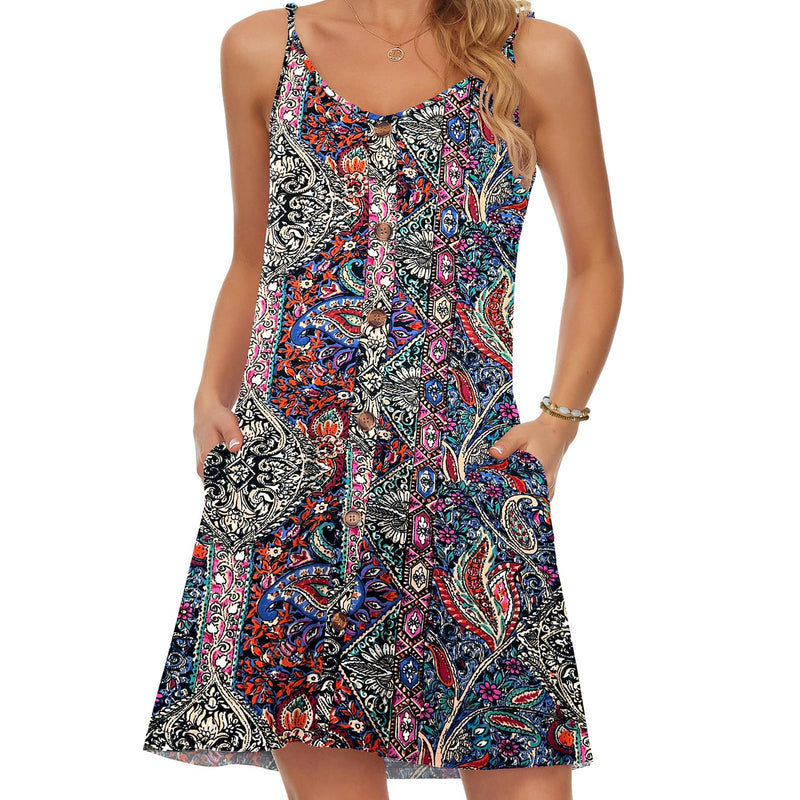 WNEEDU Robe D'été Femme Bretelles Spaghetti de Plage Robes Décontractée Courte Col en V avec Poches