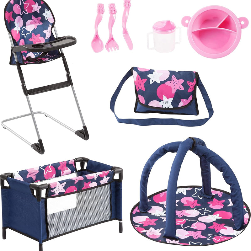 Bayer Design 61769AB 9-in-1 Set for Dolls with High Chair, Bag, Plate with Cutlery and Tumbler, Play Mat, Travel Bed, Doll Accessories, Blue Pink Stars