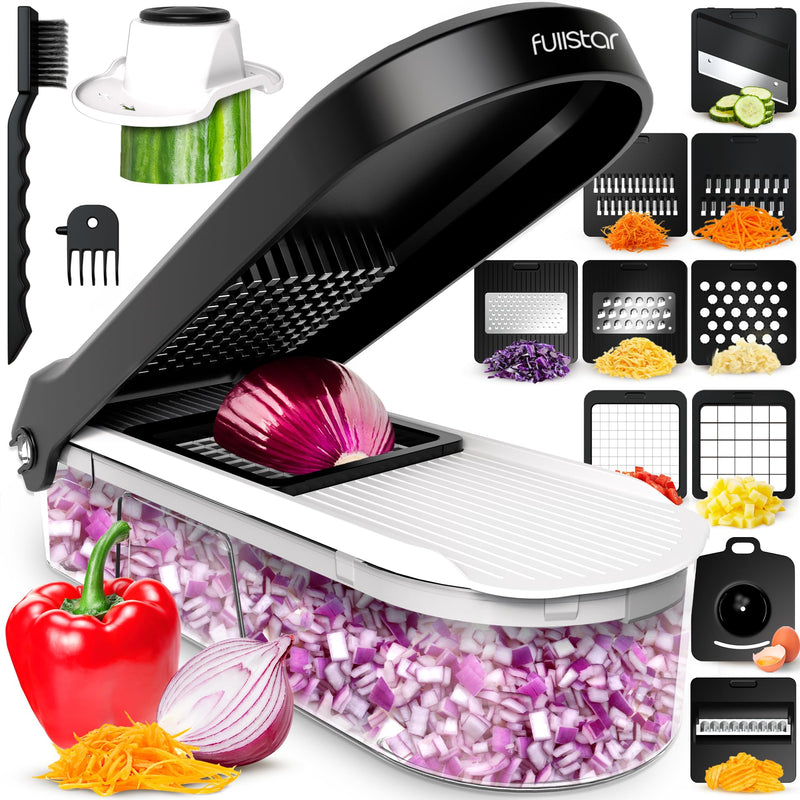 Multifunctional Vegetable Slicer and Professional Kitchen Mandolin Slicer - Vegetable Slicer - Cubes Onion Carrot, Cucumber, Tomatoes - Vegetable and Cheese Grater (Compact 6-in-1 White)