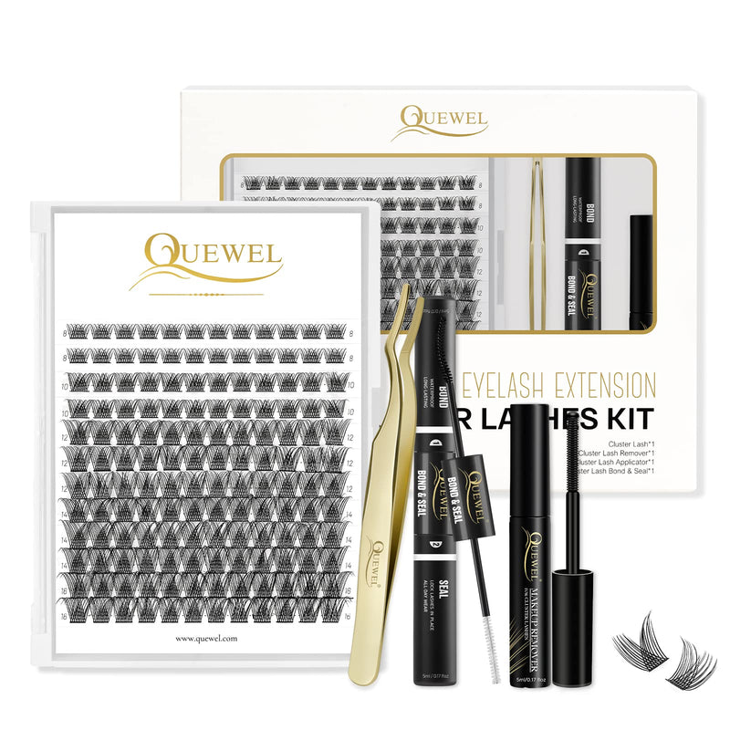 Individual-Lashes 144 Cluster-Lashes QUEWEL DIY Eyelash-Extensions-Kit, Clusters Eyelash Applicator, Cluster Lashes Bond and Seal Super Hold, Clusters Lash Glue Remover Easy to Remove(QU-RR-DH-01)