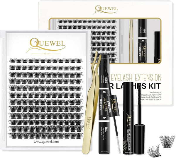 Individual-Lashes 144 Cluster-Lashes QUEWEL DIY Eyelash-Extensions-Kit, Clusters Eyelash Applicator, Cluster Lashes Bond and Seal Super Hold, Clusters Lash Glue Remover Easy to Remove(QU-RR-DH-01)