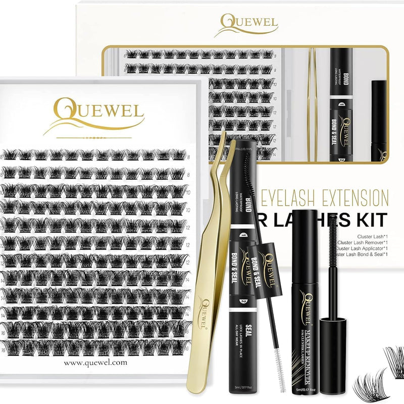 Individual-Lashes 144 Cluster-Lashes QUEWEL DIY Eyelash-Extensions-Kit, Clusters Eyelash Applicator, Cluster Lashes Bond and Seal Super Hold, Clusters Lash Glue Remover Easy to Remove(QU-RR-DH-01)