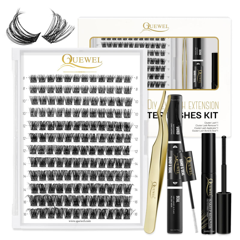 Individual-Lashes 144 Cluster-Lashes QUEWEL DIY Eyelash-Extensions-Kit, Clusters Eyelash Applicator, Cluster Lashes Bond and Seal Super Hold, Clusters Lash Glue Remover Easy to Remove(QU-RR-DH-01)