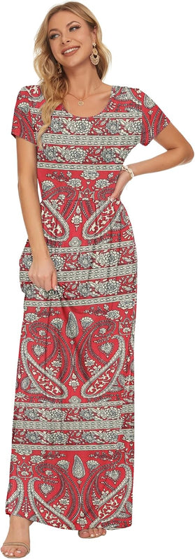 AUSELILY Femmes Maxi Robe Madame Manches Courtes été Casual Longue Robe avec Poches