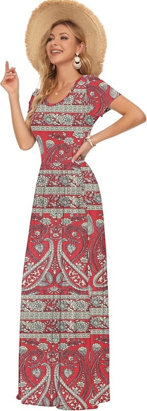 AUSELILY Femmes Maxi Robe Madame Manches Courtes été Casual Longue Robe avec Poches