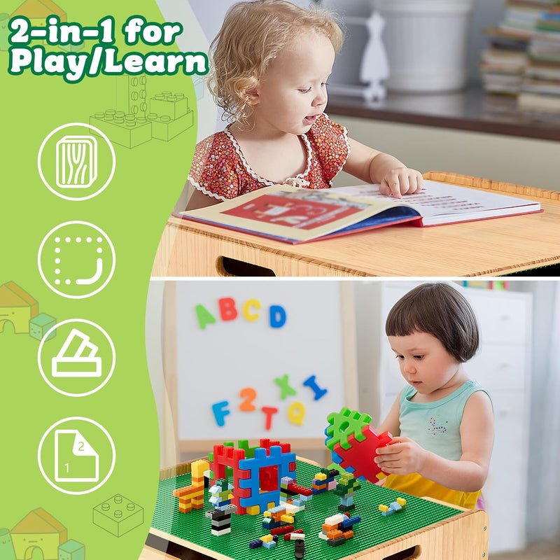 FUNLIO 2-in-1 Activity Table and 2 Chairs Solid Wood for Children 3+, Height Adjustable Game Table with 450 Blocks and Storage, Table and Chairs for Playing/Learning, CPC and CE Certified