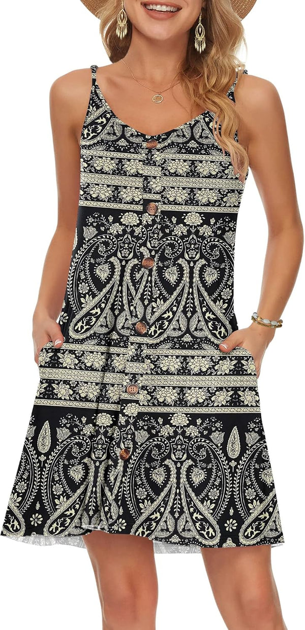 WNEEDU Robe D'été Femme Bretelles Spaghetti de Plage Robes Décontractée Courte Col en V avec Poches