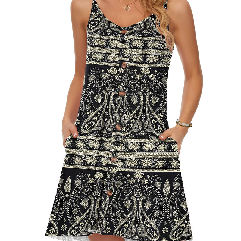 WNEEDU Robe D'été Femme Bretelles Spaghetti de Plage Robes Décontractée Courte Col en V avec Poches