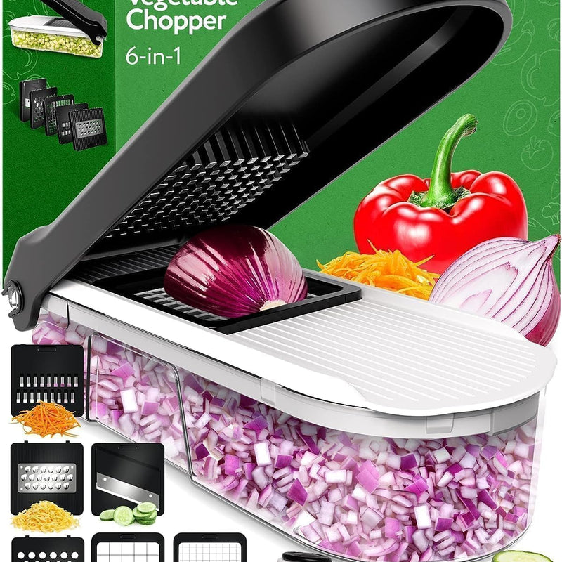 Multifunctional Vegetable Slicer and Professional Kitchen Mandolin Slicer - Vegetable Slicer - Cubes Onion Carrot, Cucumber, Tomatoes - Vegetable and Cheese Grater (Compact 6-in-1 White)