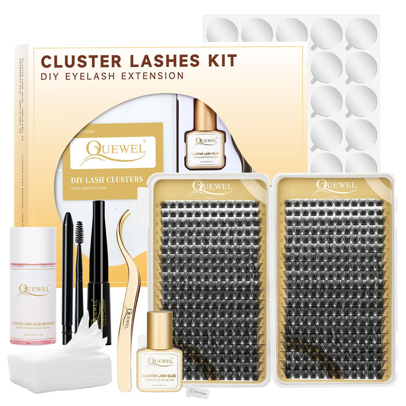 Individual-Lashes 144 Cluster-Lashes QUEWEL DIY Eyelash-Extensions-Kit, Clusters Eyelash Applicator, Cluster Lashes Bond and Seal Super Hold, Clusters Lash Glue Remover Easy to Remove(QU-RR-DH-01)