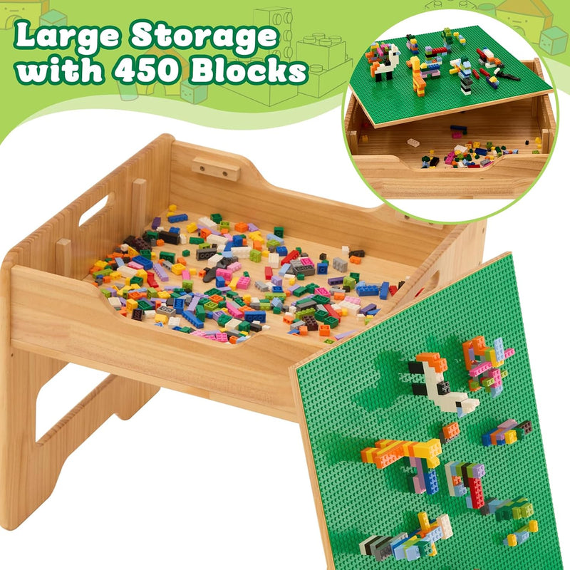 FUNLIO 2-in-1 Activity Table and 2 Chairs Solid Wood for Children 3+, Height Adjustable Game Table with 450 Blocks and Storage, Table and Chairs for Playing/Learning, CPC and CE Certified
