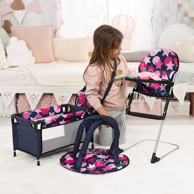 Bayer Design 61769AB 9-in-1 Set for Dolls with High Chair, Bag, Plate with Cutlery and Tumbler, Play Mat, Travel Bed, Doll Accessories, Blue Pink Stars