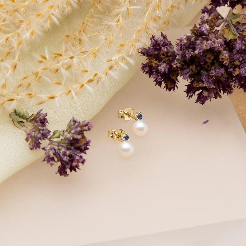 CARISSIMA- Boucles d'Oreilles Or Jaune 9k 2mm Oxyde de Zirconium Perle 6mm Femme