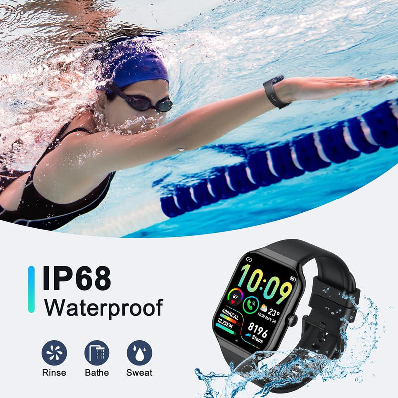 Men's Women's Smart Watch with Bluetooth Calls, 1.96 Inches Smartwatch 113+ Sports Modes IP68 with Sleep Monitor, Smart Watch with Heart Rate Pedometer for Android iOS (Black)