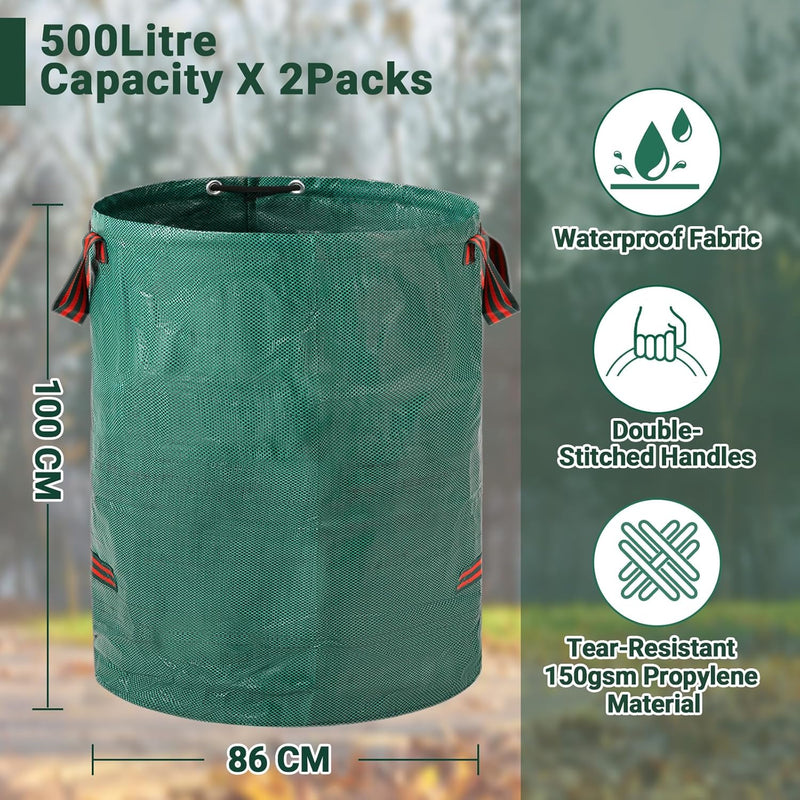Velway Sacs à déchets de jardin robustes - 500L x 2Pack Sacs de jardin réutilisables avec poignées - Tissu industriel pour feuilles déchets débris - Sacs à déchets de jardin étanches
