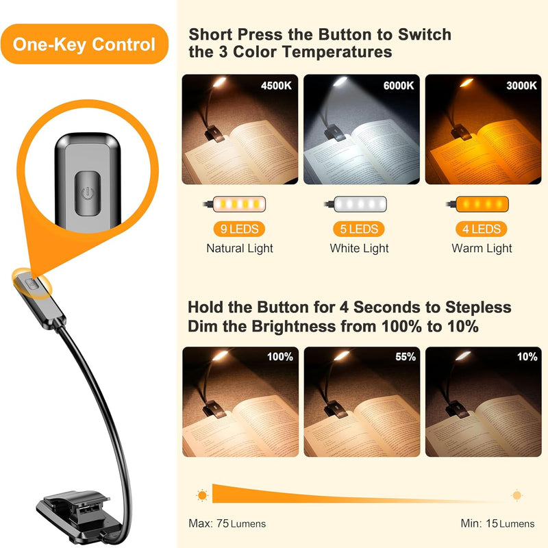 Gritin Lampe de Lecture Rechargeable, 9 LED Liseuse Lampe Clip, Gradation Progressive & 3 Modes Protection des Yeux (Blanc Froid&Chaud), 360° Cou Flexible, Indicateur, Longue Travail pour Lire au Lit
