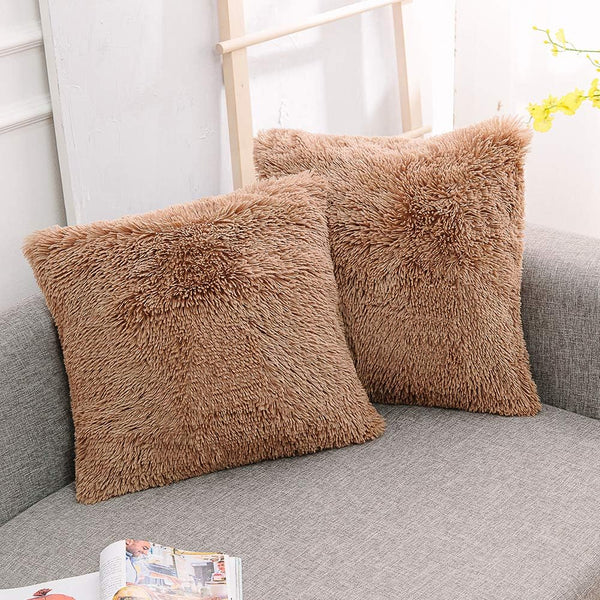 NordECO HOME Set of 2 Soft Plush Fluffy Fur Square Decorative Cushion Covers for Living Room, Sofa, Bedroom, Car, 45 x 45 cm, Khaki