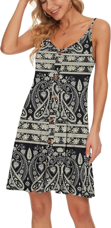 WNEEDU Robe D'été Femme Bretelles Spaghetti de Plage Robes Décontractée Courte Col en V avec Poches