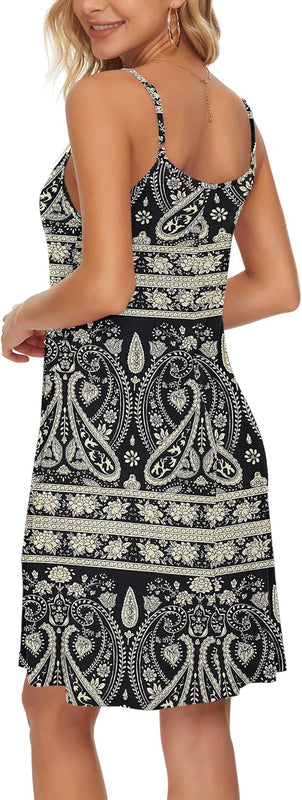 WNEEDU Robe D'été Femme Bretelles Spaghetti de Plage Robes Décontractée Courte Col en V avec Poches