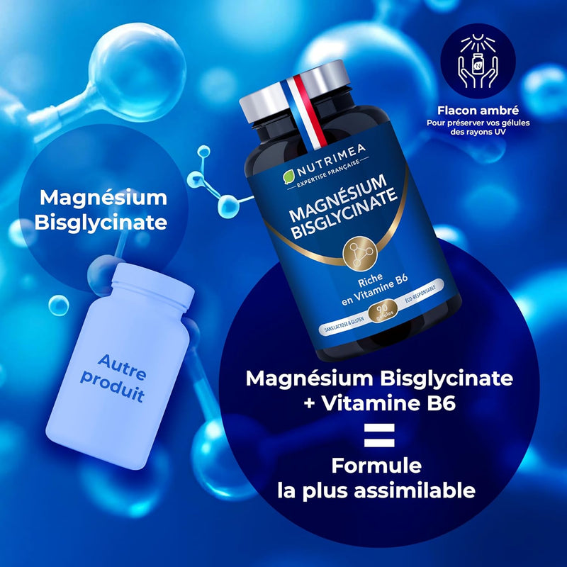 Magnésium Bisglycinate + Vitamine B6 - Sommeil, Stress, Fatigue - Absorption Maximale & Assimilation Facilitée - 90 Gélules Vegan - Nutrimea - Fabriqué en France