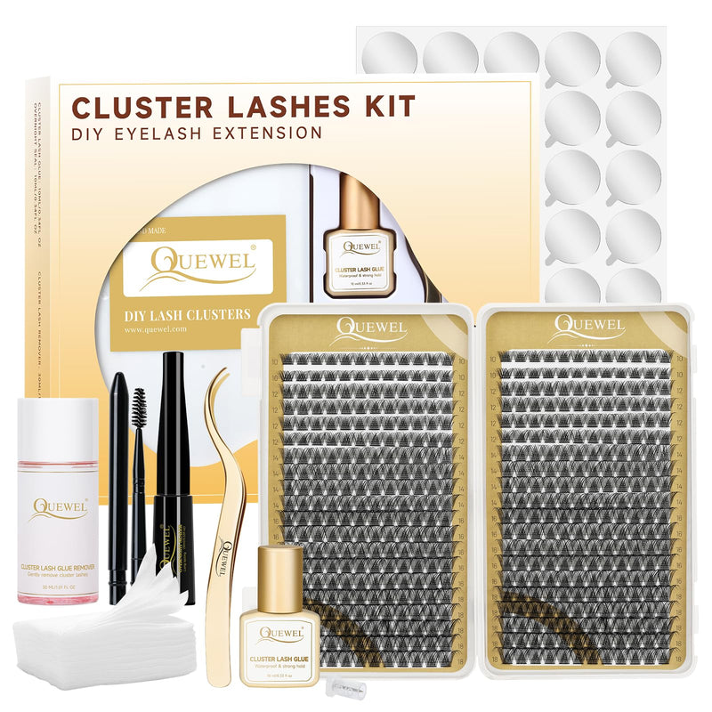 Individual-Lashes 144 Cluster-Lashes QUEWEL DIY Eyelash-Extensions-Kit, Clusters Eyelash Applicator, Cluster Lashes Bond and Seal Super Hold, Clusters Lash Glue Remover Easy to Remove(QU-RR-DH-01)